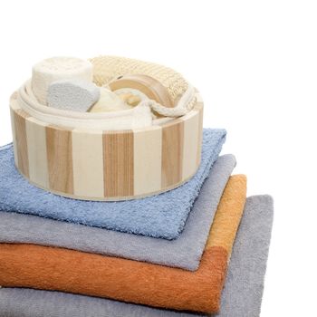 Bath set - sisal/cotton back massage belt, massage brush with wooden studs, sisal massage sponge, loofah, nylon tuff - isolated on white