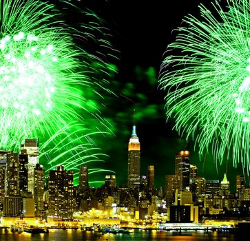 The New York City skyline and holiday fireworks