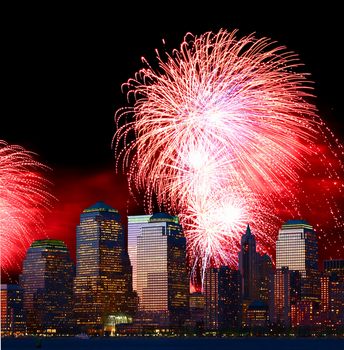 The Lower Manhattan skyline and holiday fireworks