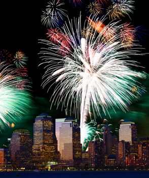 The Lower Manhattan skyline and holiday fireworks