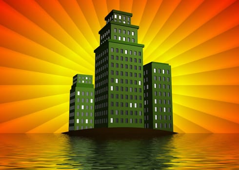Illustration of green buildings on an island surrounded by water
