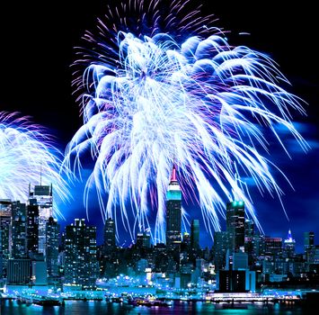 The New York City skyline and holiday fireworks
