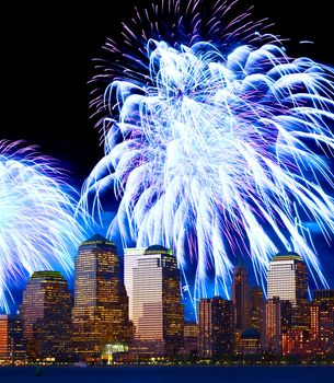 The Lower Manhattan skyline and holiday fireworks