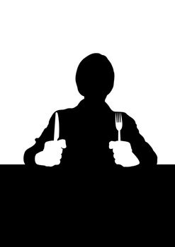Illustration of a person holding a knife and fork, sitting at a table

