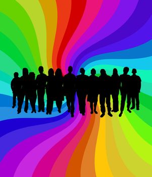 Illustration of a crowd of people over a colorful background
