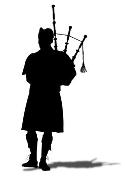 Illustrated silhouette of a person playing the bagpipes
