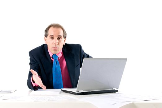 Businessman asking for explanations with laptop on white background. 