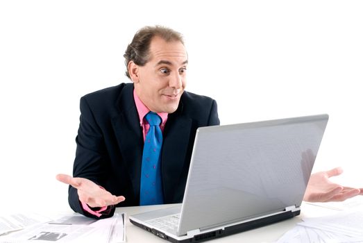 Overload businessman with computer problem on white background. 