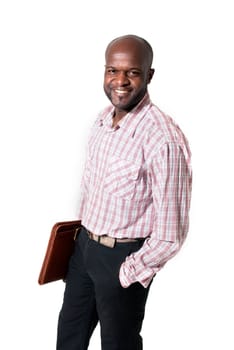 Happy african businessman smiling with briefcase isolated.