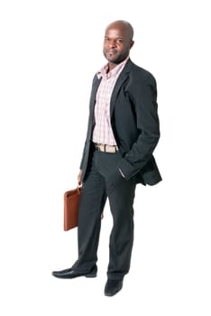 Happy african businessman smiling with briefcase isolated.