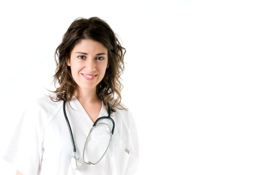 Young cheerful female doctor with stethoscope on white background. 