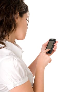 Female using a modern cell phone (touch phone) on white background.
