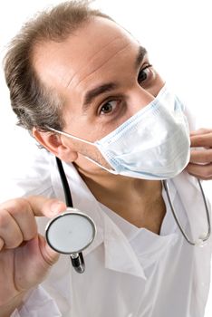 Medic with stethoscope and medical mask on white background. 