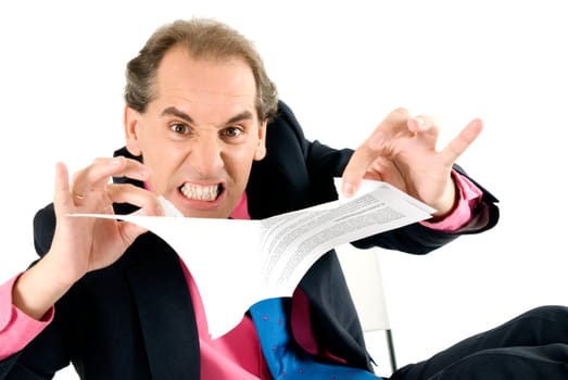 Angry businessman breaking contract on white background. 