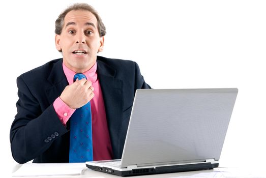 Overload businessman with laptop on white background. 