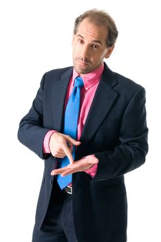Businessman with pink shirt looking serious on white background