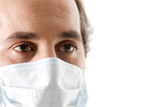 Adult doctor with mask on white background. 