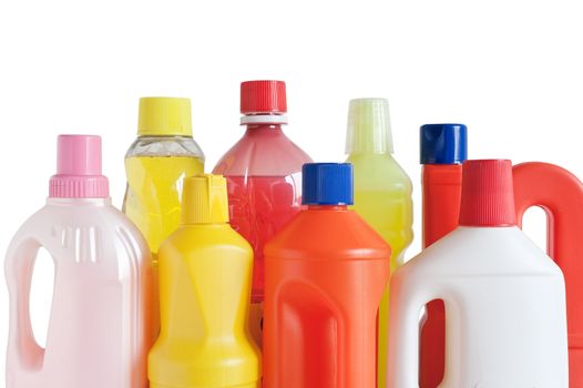 Colored plastic detergent bottles isolated on white background
