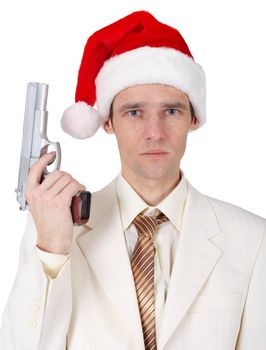 A young man in a Christmas hat with a gun