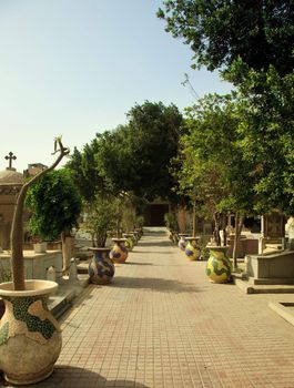 Pathway in cemetery in Coptic Christian building in Cairo, Egypt
