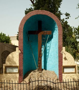 Cross in blue arch building on Coptic Christian building in Cairo, Egypt