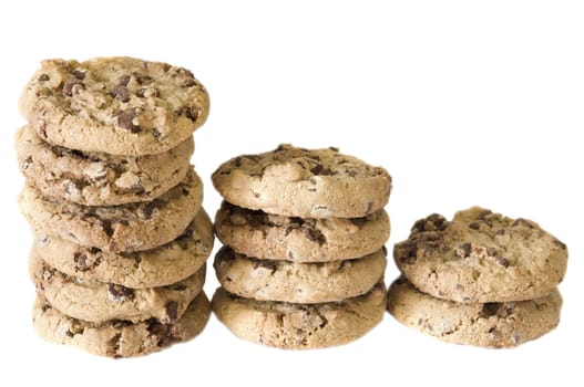 stacks of chocolate chip cookies, isolated on white