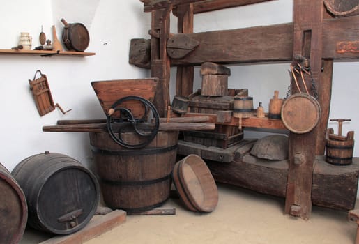 Old tools used in winemaking.