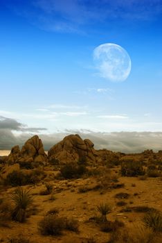 Moon rising over desert landscape in Joshua Tree national park.