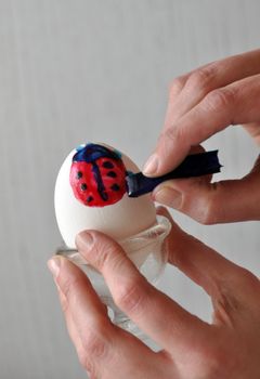 Female hands coloring an easter egg - painting a ladybug on it - behind gray