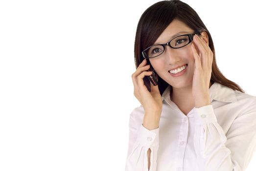 Business woman talk to cellphone with smiling face on white background.