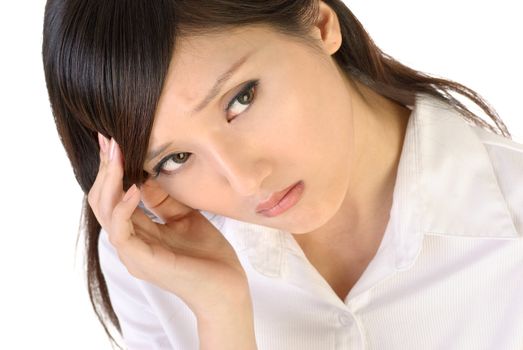 Business woman portrait of Asian with worried expression on white background.