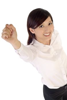 Raising hand up business woman of Asian with smile expression.