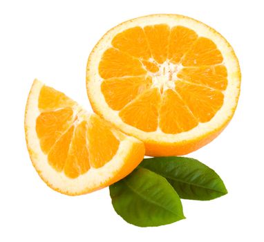 close-up cut orange fruit with leaves, isolated on white