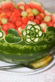 Decoratively Carved Watermellon Fruit Bowl with Spoon