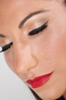Close up of film noir makeup on a beautiful woman