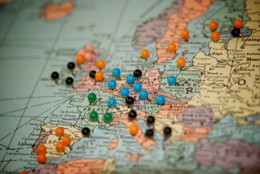 Travel Map with Push Pins with Focus Centered on Paris, France and central Europe