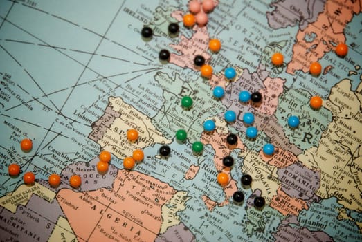 Travel Map with Push Pins with Focus Centered on Central Europe