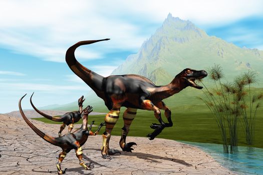  Mother Raptor dinosaur with her two young babies.