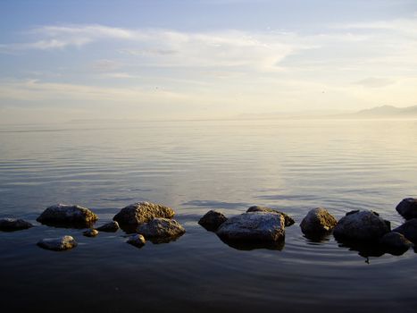 Last light on misty Salton Sea California