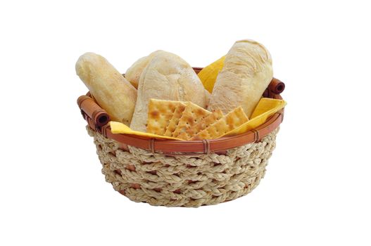 basket of bread and crackers on white background
