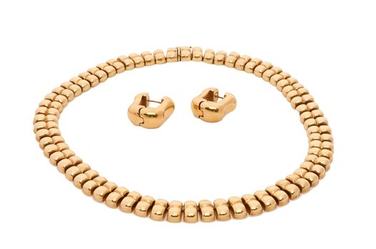 Sets consisting of gold necklace and earrings on a white background