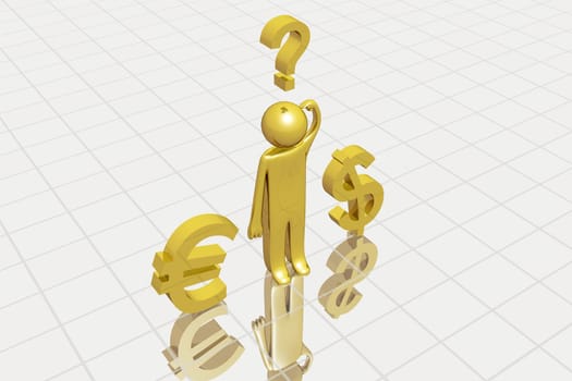 Character choosing currency. This image is a 3D render.