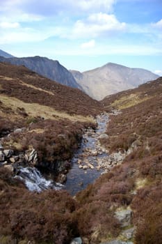 Waterfall and stream on the path leading to Haystacks, a mountain in the Lake District, England