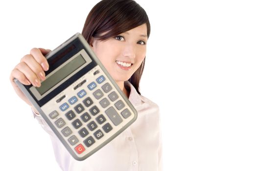 Business woman holding calculator on white background, focus on face.