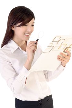 Search data in document of businesswoman on white background.