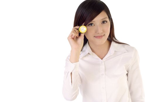 Business woman holding flashlight and watching on white background.