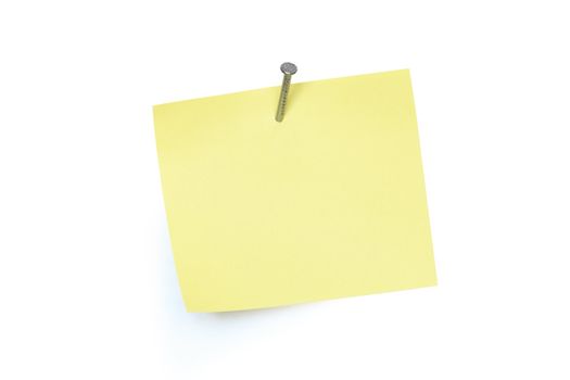 Yellow paper note pad attached with nail. Isolated on white with clipping path