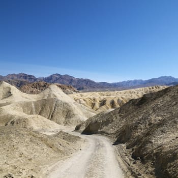 Dirt road through barren landscape in Death Valley National Park.