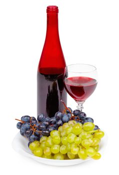 A bottle of red wine, glass and grapes on a white background