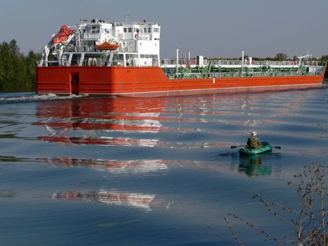 Red barge on Don river